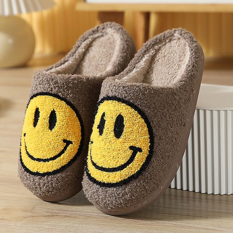 Nss Retro Smiling Face Soft Plush Comfy Warm Slip-on Slippers For Couples Winter Warm Indoor Supply Coffee 43-44