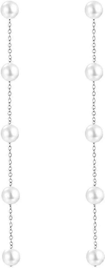 Ubiuo 925 Sterling Silver Threader Earrings Pearl Ball Drop Long Chain Earrings for Women and Girls