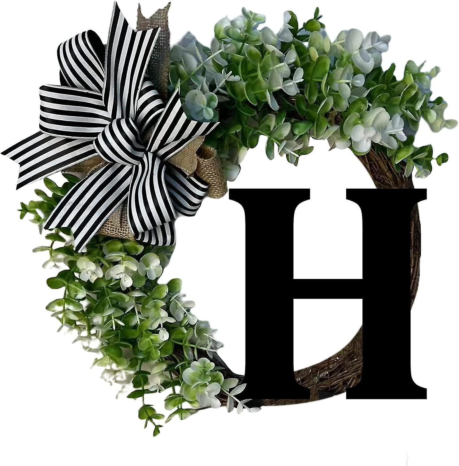 Tianzun Unique Last Name Year Round Front Door Wreath With Bow, Welcome Sign Garland Creative 26 Letter Farmhouse Wreath Letter H