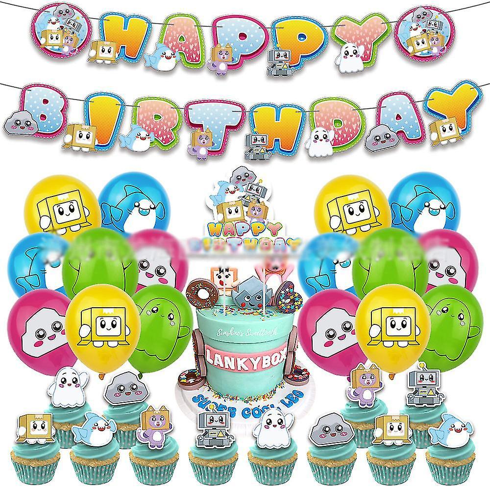 Shinestar Lankybox Themed Kids Birthday Party Balloons Kit Banner Cake Cupcake Toppers Set Decoration Supplies Gift