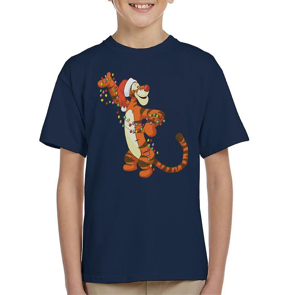 Disney Christmas Tigger Holding Festive Lights Kid's T-Shirt Navy Blue X-Small (3-4 yrs)