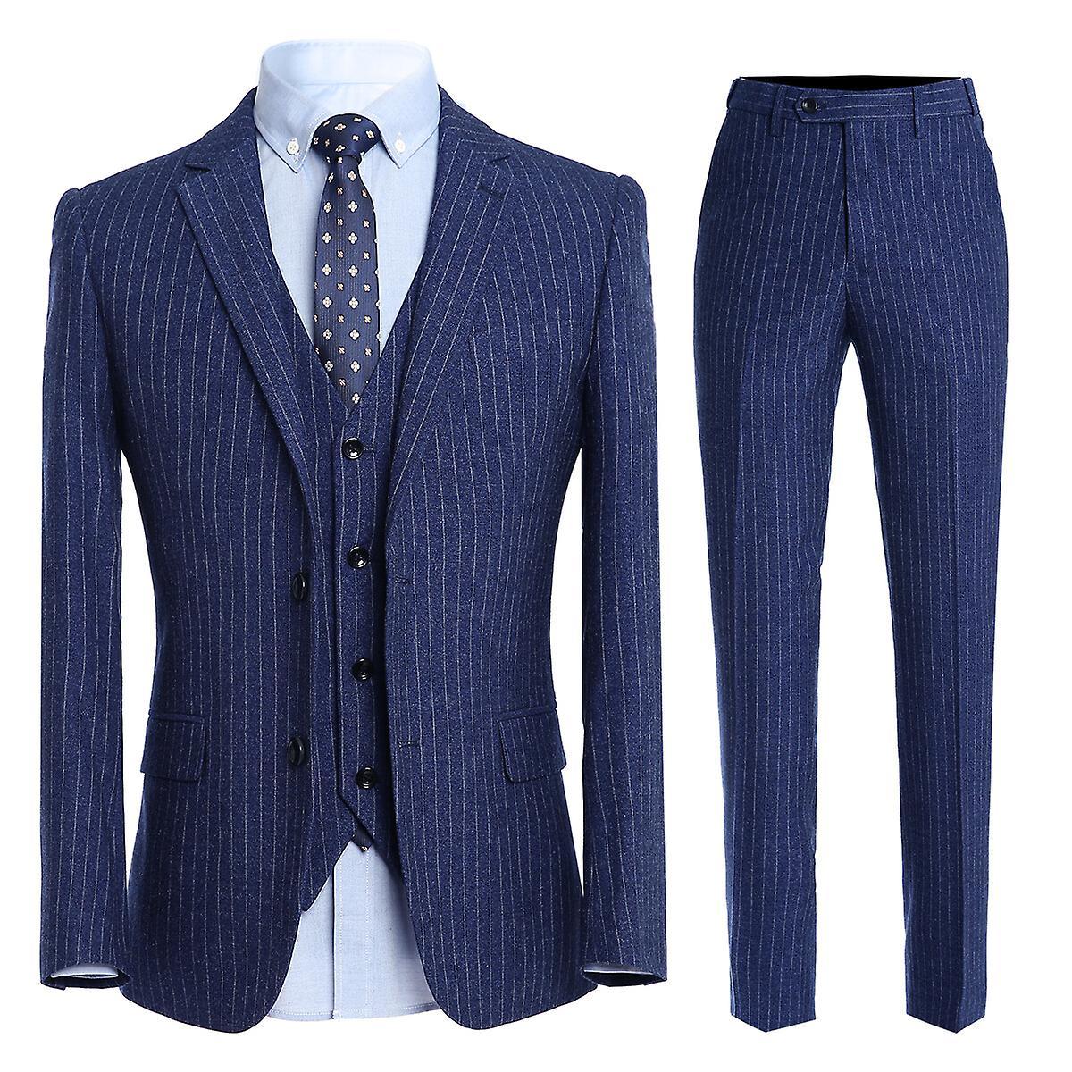 Allthemen Mens 3-Piece Stripe Slim Business Blazer&Vest&Pants Blue M