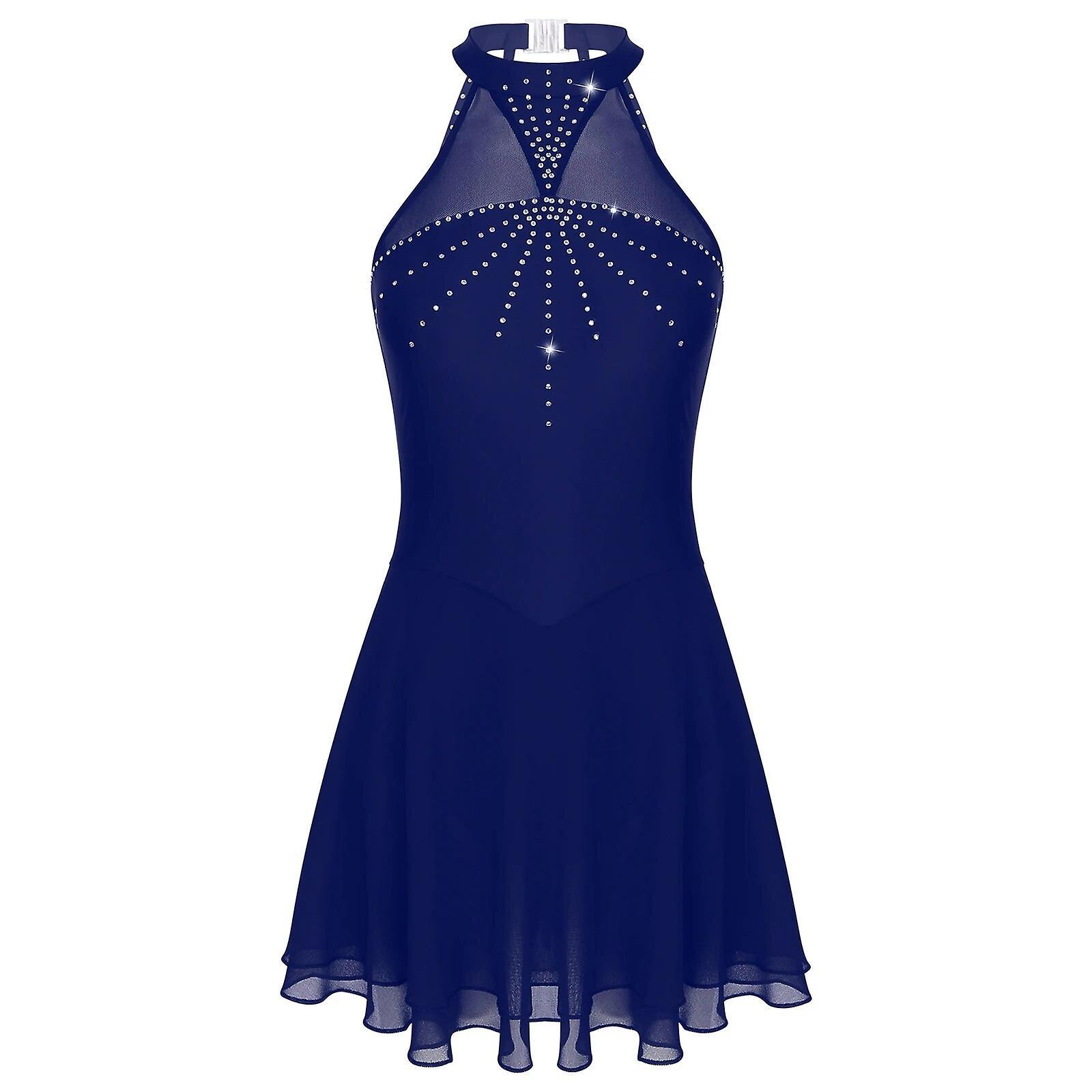 Aionyaaa Women's Sleeveless Ballet Gymnastics Dance Leotard Dress Adults Rhinestone Ice Skating Dress Costume Performance Dancewear M Navy Blue