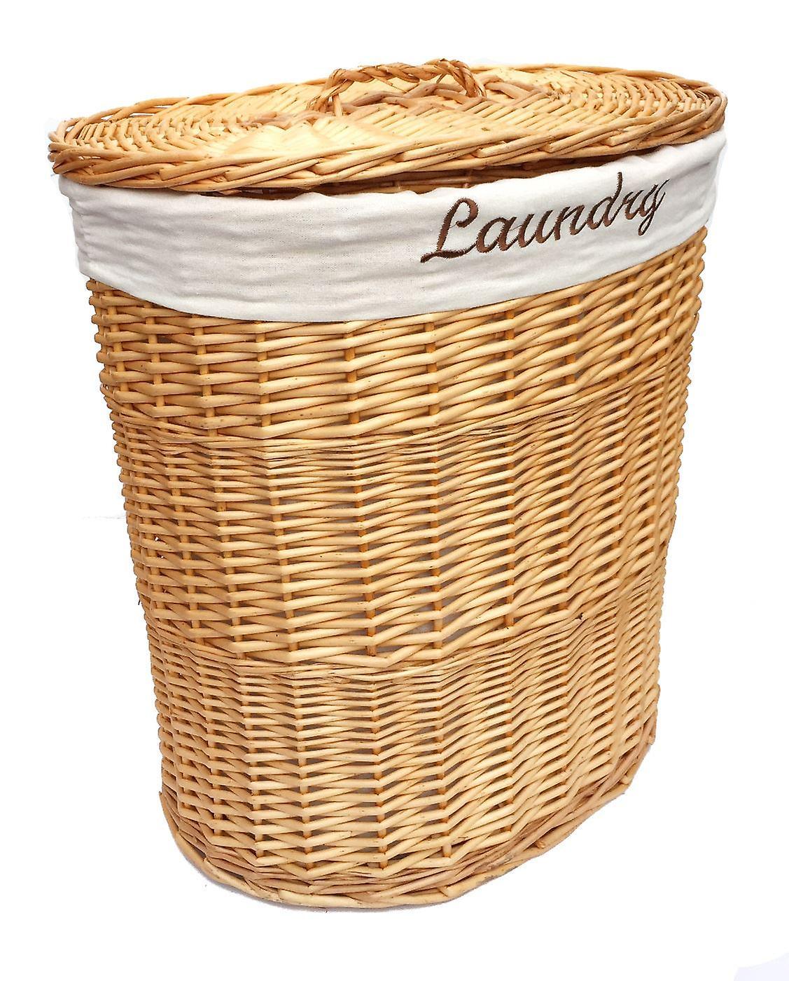 Oval Wicker Laundry Basket Bin Cotton Lining Lid Large 37 x50 x 55 cm