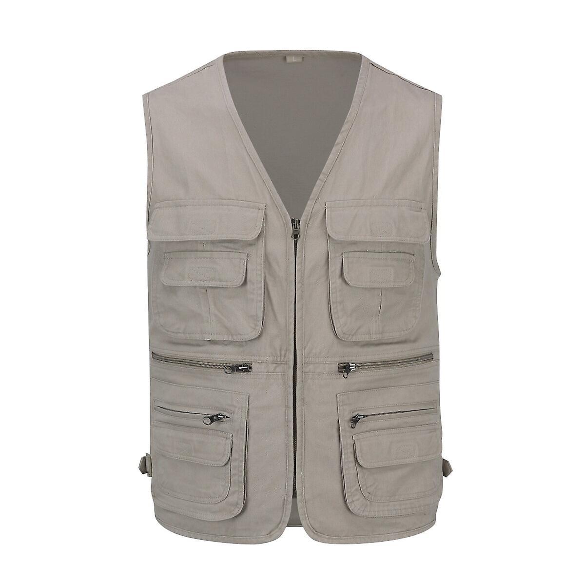 YOUTHUP Mens Multi Pocket Cargo Utility Safari Outdoor Fishing Hunting Vest Beige XL