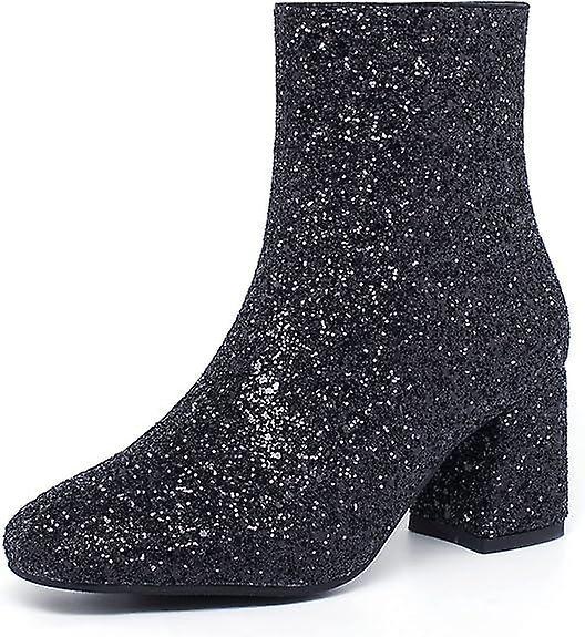 Moye Women's Sequins Glitter Chunky Heel Ankle Boots Black 41