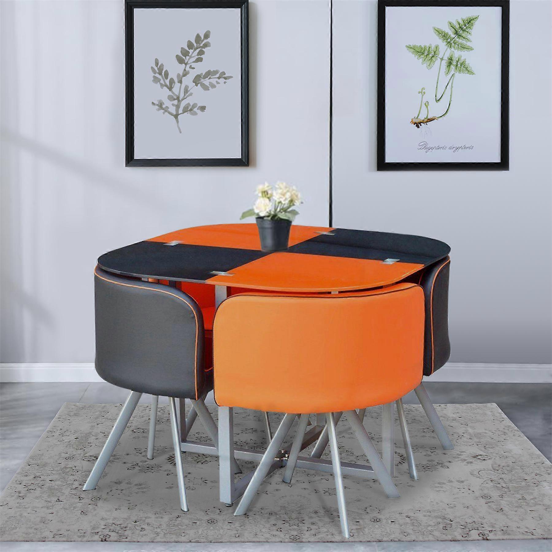 Kosy Koala Dining Table and 4 Chairs Space Saver Glass Orange and Black Square Table 4 Leather Chairs Dining Room Orange & Black 75 cmx90 cmx90 cm