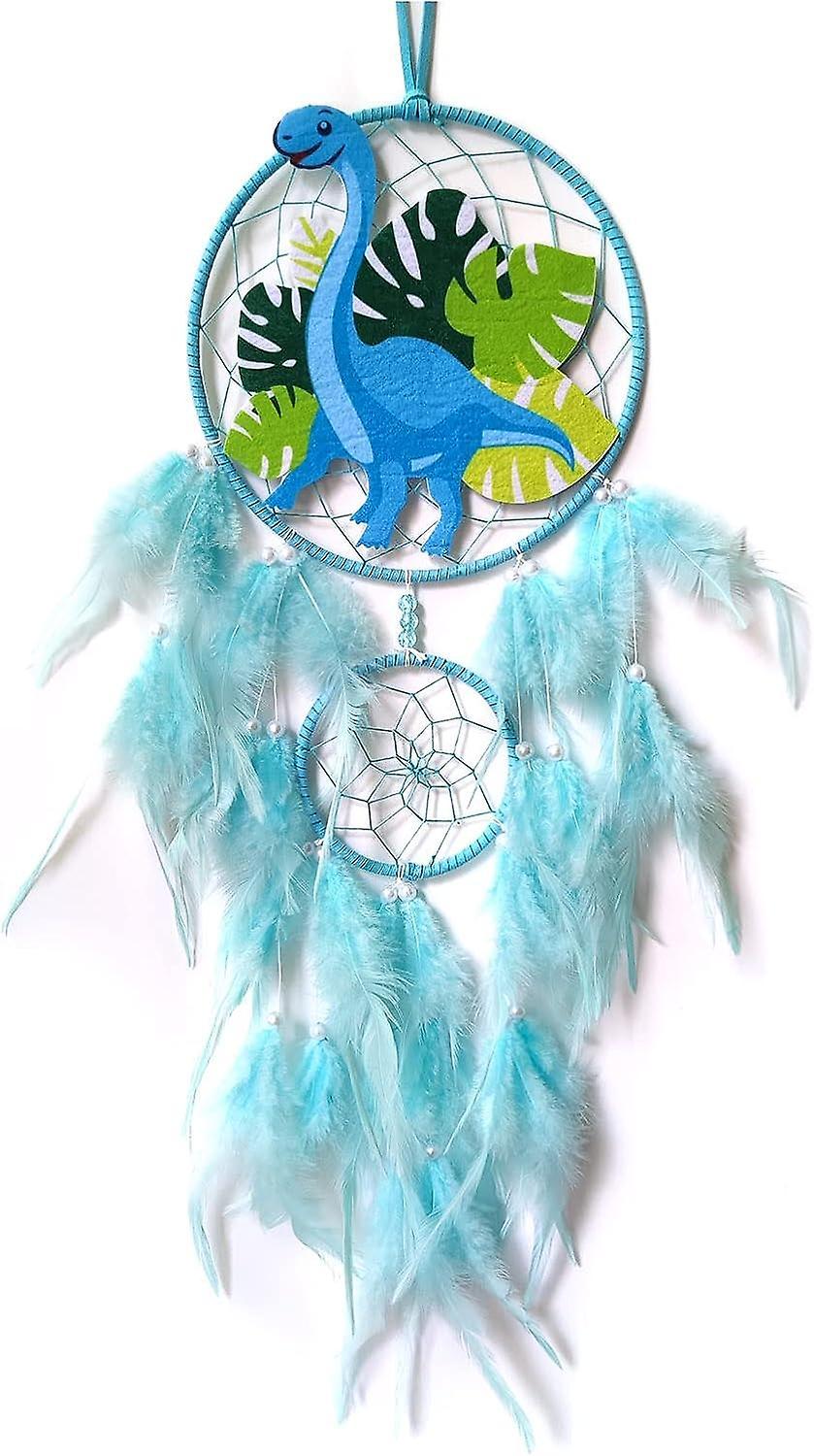 Frusde Dinosaur Dream Catchers For Boys Girls, Dream Catcher Light Wall Decor Feather Wall Hanging Dino Dream Catcher Kids Gift Blue No light