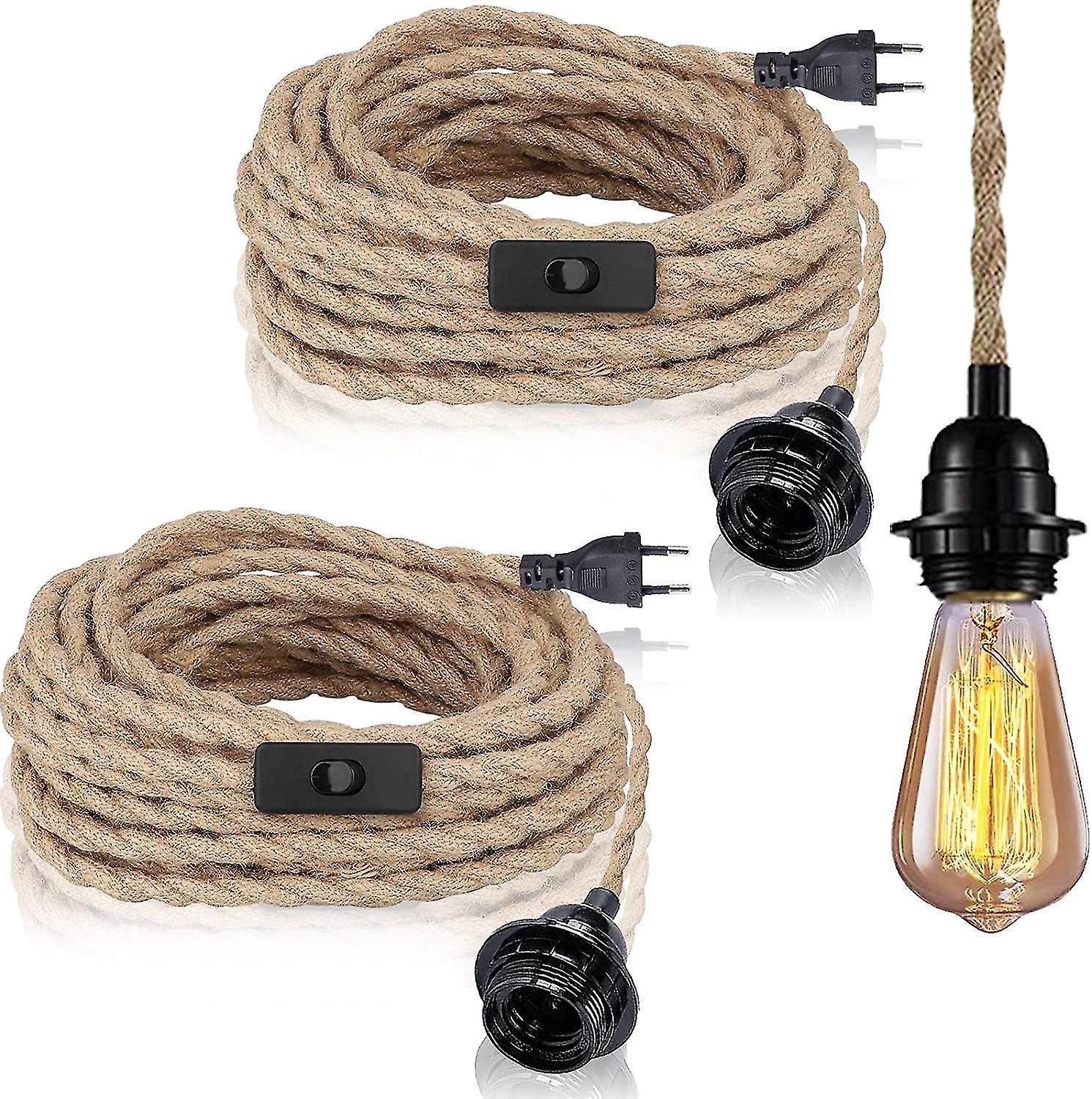 Cryin 2 Pack Pendant Lights With Switch, Hemp Rope With 4.5m Cable, E27 Socket For Hall, Kitchen, Dining Table, Bar (without Bulb)