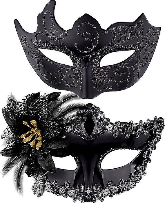 Heytea Couple Masquerade Masks Set Venetian Party Mask Plastic Halloween Costume Mask Mardi Gras Mask For Women And Men black