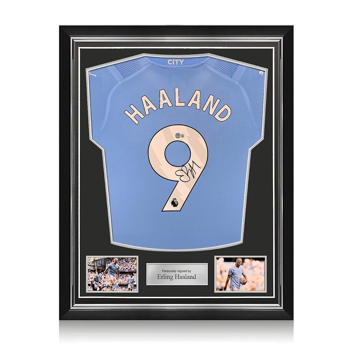 Exclusive Memorabilia Erling Haaland Signed Manchester City 2023-24 Football Shirt. Superior Frame