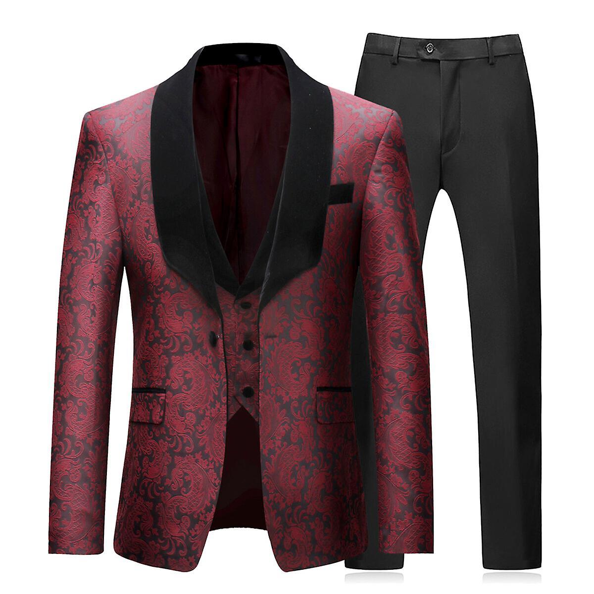 Allthemen Mens 3-Piece Wedding Floral Slim Fit Blazer&Vest&Pants Red L