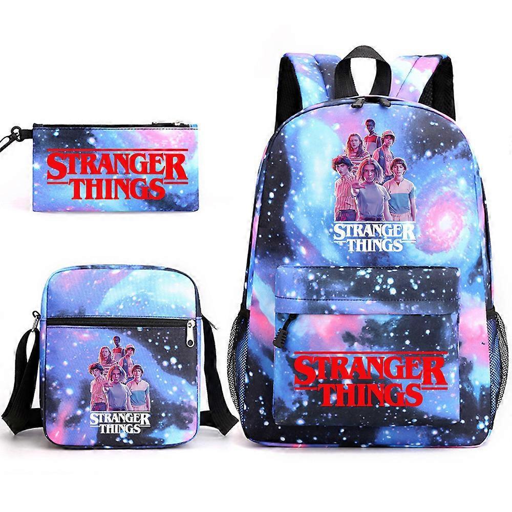 Bagadawang Stranger Things Backpack Three-piece Set Student School Bag Canvas Bag y Star Blue