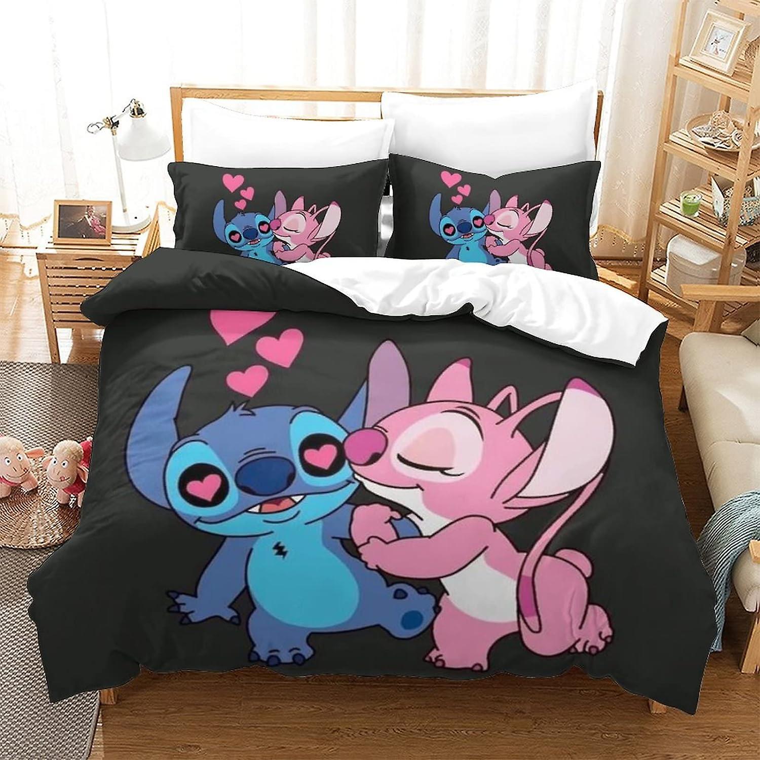 Kerota Stitch Bedding Set Lilo & Stitch People Animated Characters Printing Hypoallergenic Microfiber Duvet Cover with Zipper 135*200 CM King220x240cm