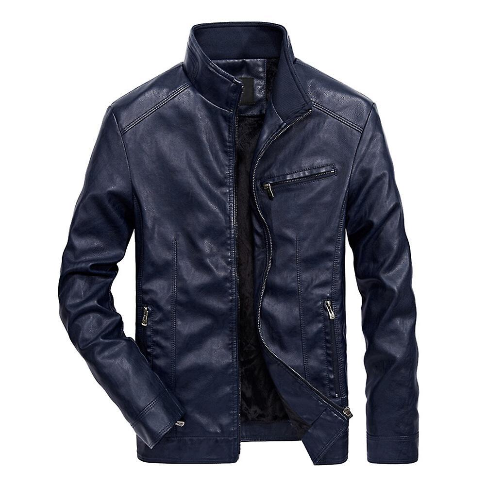 Allthemen Mens Casual Stand Collar Solid Leather Jacket Blue M