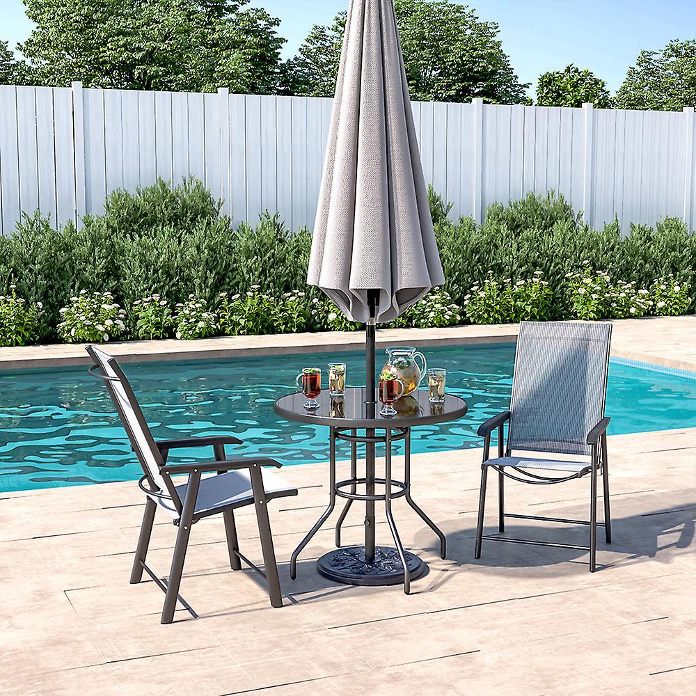 Living And Home Set of 3 Garden Glass Umbrella Table and Folding Chairs Set