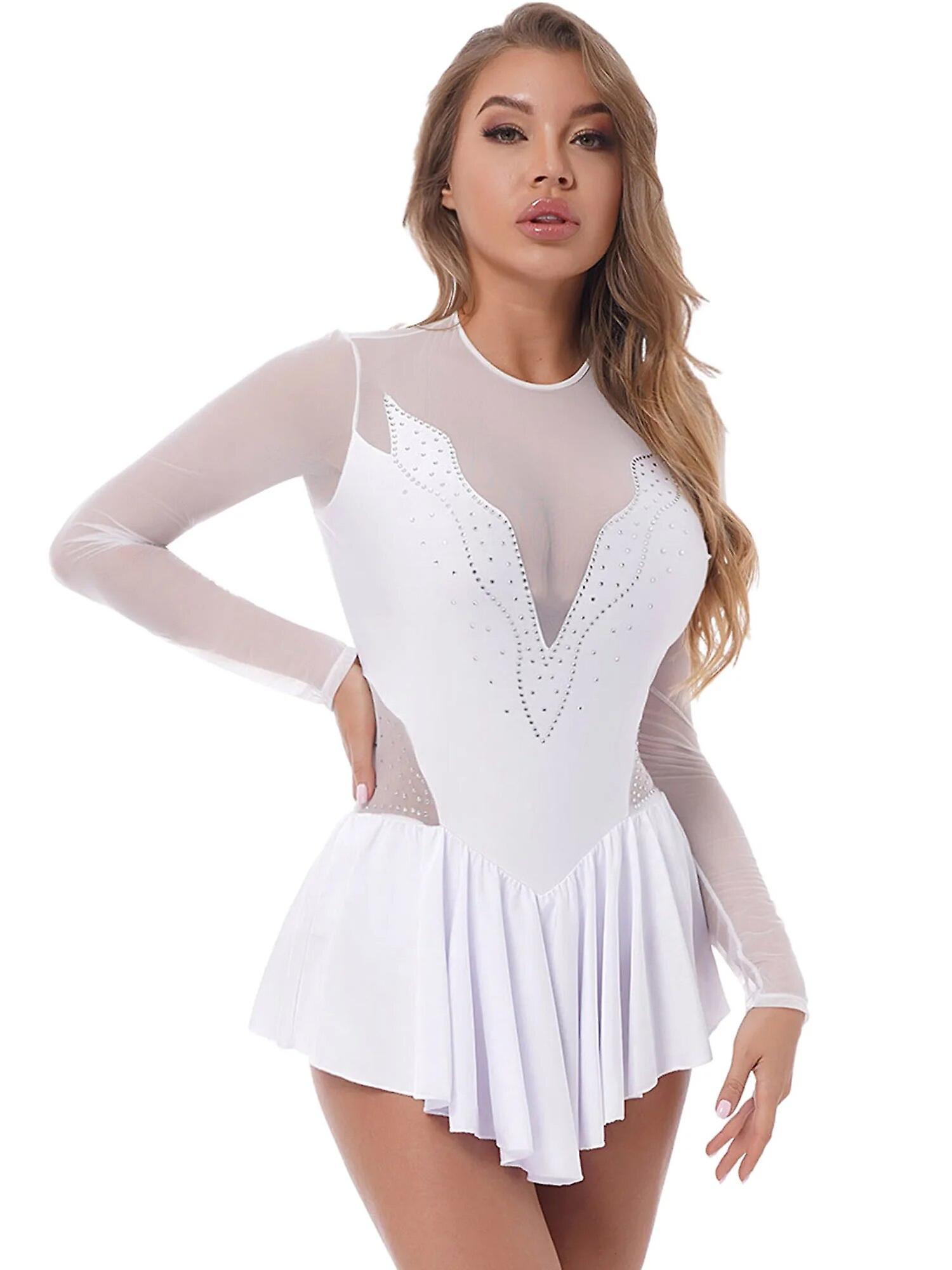 Aionyaaa Women's Shiny Rhinestones Ballet Gymnastics Leotard Dress Long Sleeves Dancewear Stage Performance Costume Figure Skating Dress XL White