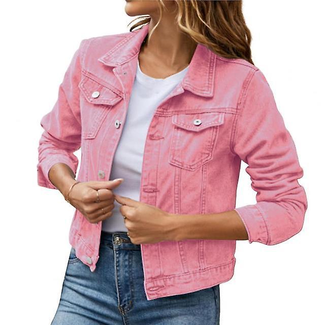 Coats Women Denim Jacket Single-breasted Solid Color Lapel Flap Pockets Cardigan Warm Buttons Slim Fit High Street Women Coat Abrigo Pink L