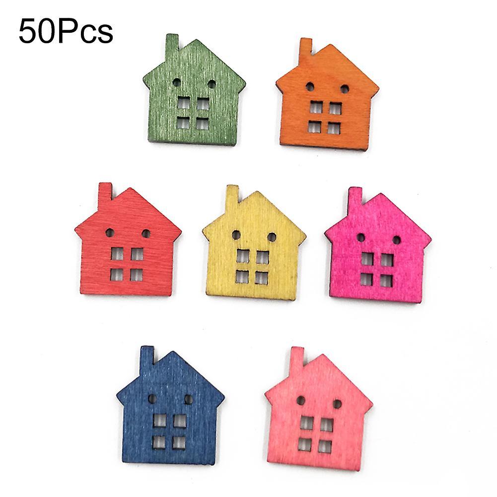 wirlsweal 50Pcs Mini House Wooden Buttons Sewing Scrapbooking Cards Art Craft DIY Decor Random Color