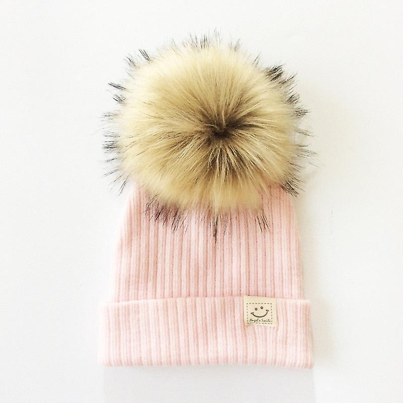 Slowmoose Winter Baby Artificial Pompom Knitted Hat, Toddler Kids Caps pink-173