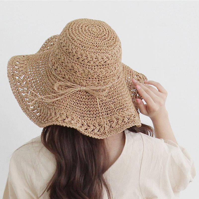 Litzee Beach Hat Seaside straw hat handmade openwork large brim visor hat literary fresh outdoor folding sun hat Beige