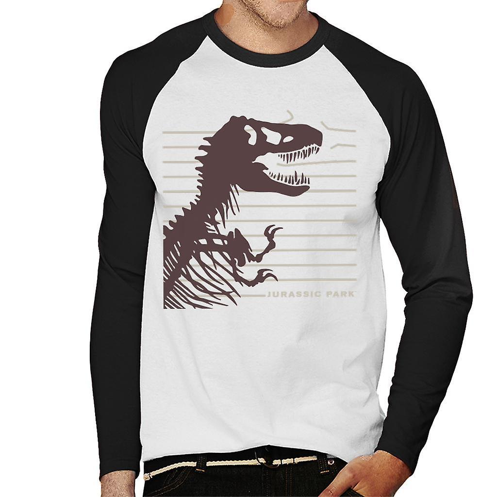 Jurassic Park T Rex Skeleton Destroying Wire Men's Baseball Long Sleeved T-Shirt White/Black Medium