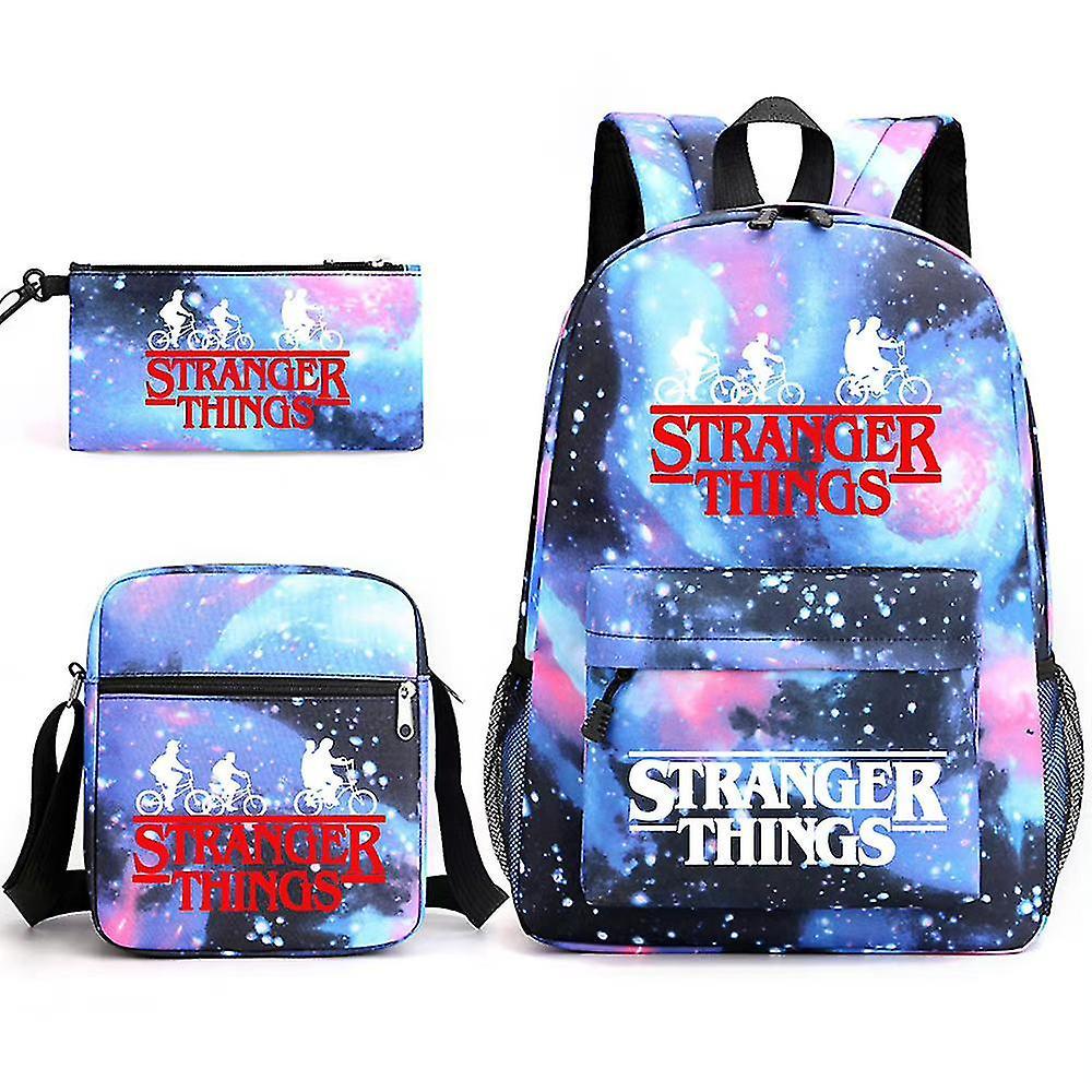 Lequeen 3pcs/set Stranger Things Printed Backpack + Crossbody Bag + Pencil Case School Student For Kids Boy Girl Starry Sky Blue