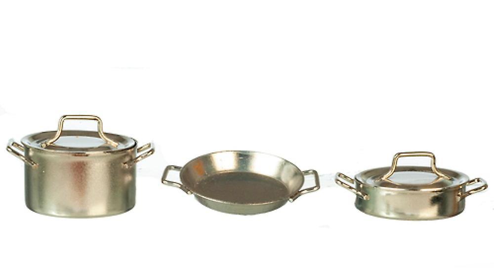 Melody Jane Dolls Houses Dolls House Silver Saucepan Pans Pots Set Miniature Kitchen Cookware Accessory