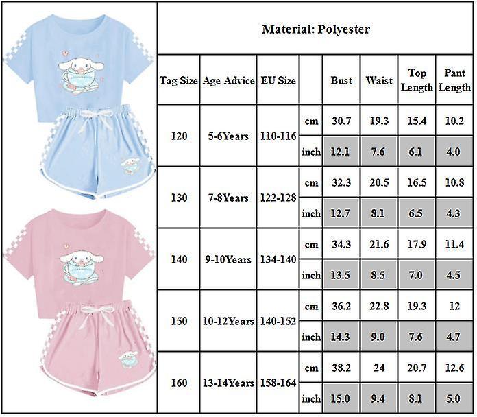 Bestdaily Kids Girls Cinnamoroll Tracksuit Cute Cartoon Anime Short Sleeve T-shirt + Shorts Set Casual Sports Outfits Clothes Light Blue 7-8 Years