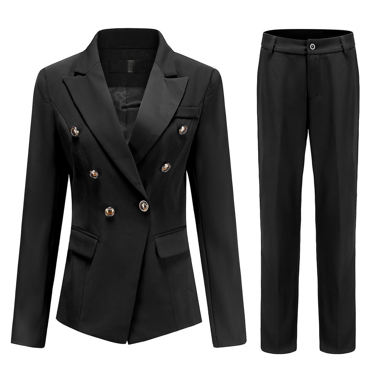 Yynuda Womens 2-piece Office Lady Double Breasted Slim Fit Business Suit (blazer + Trousers) Black L