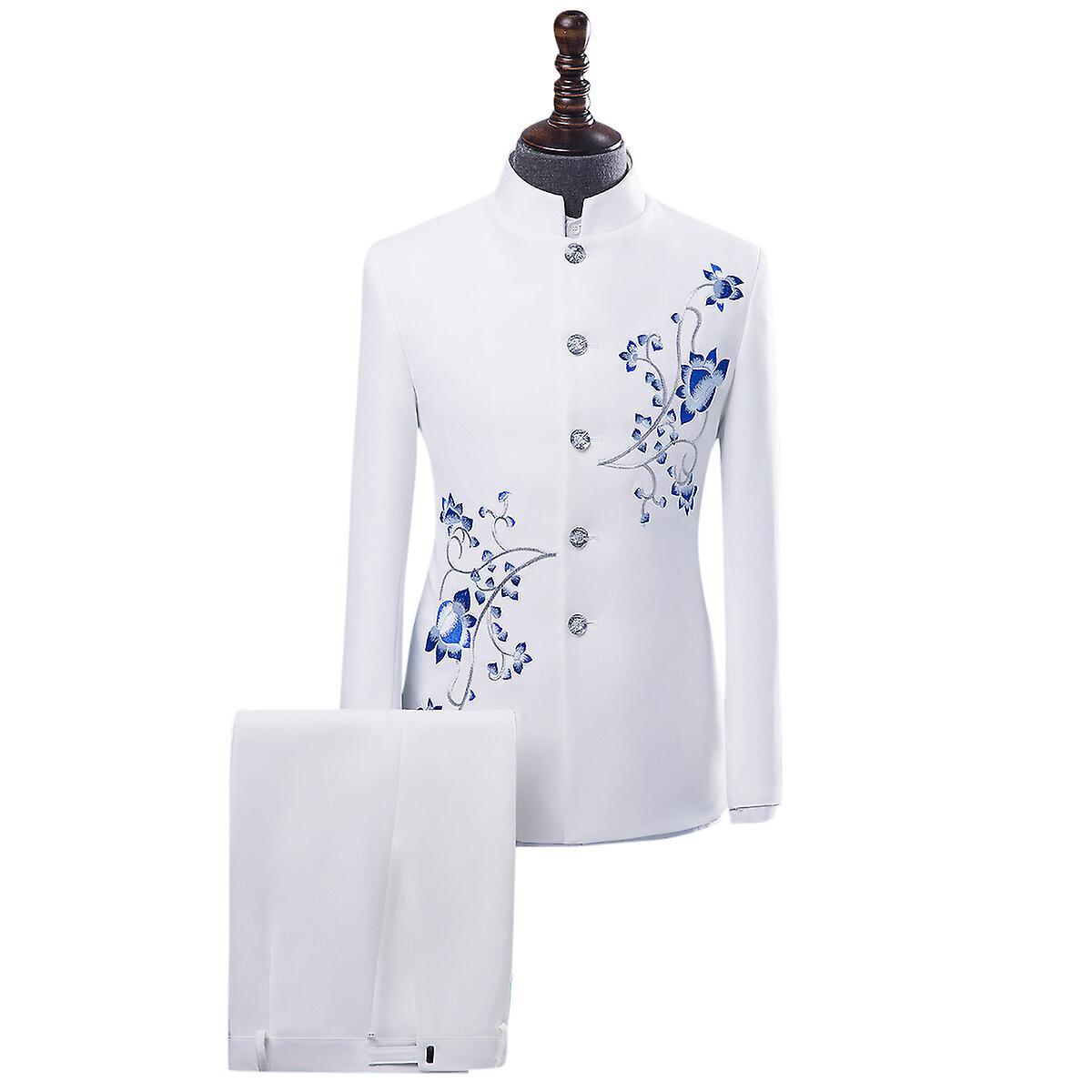 Allthemen Mens Embroidered Notched Lapel Slim Blazer&Pants White/Blue M