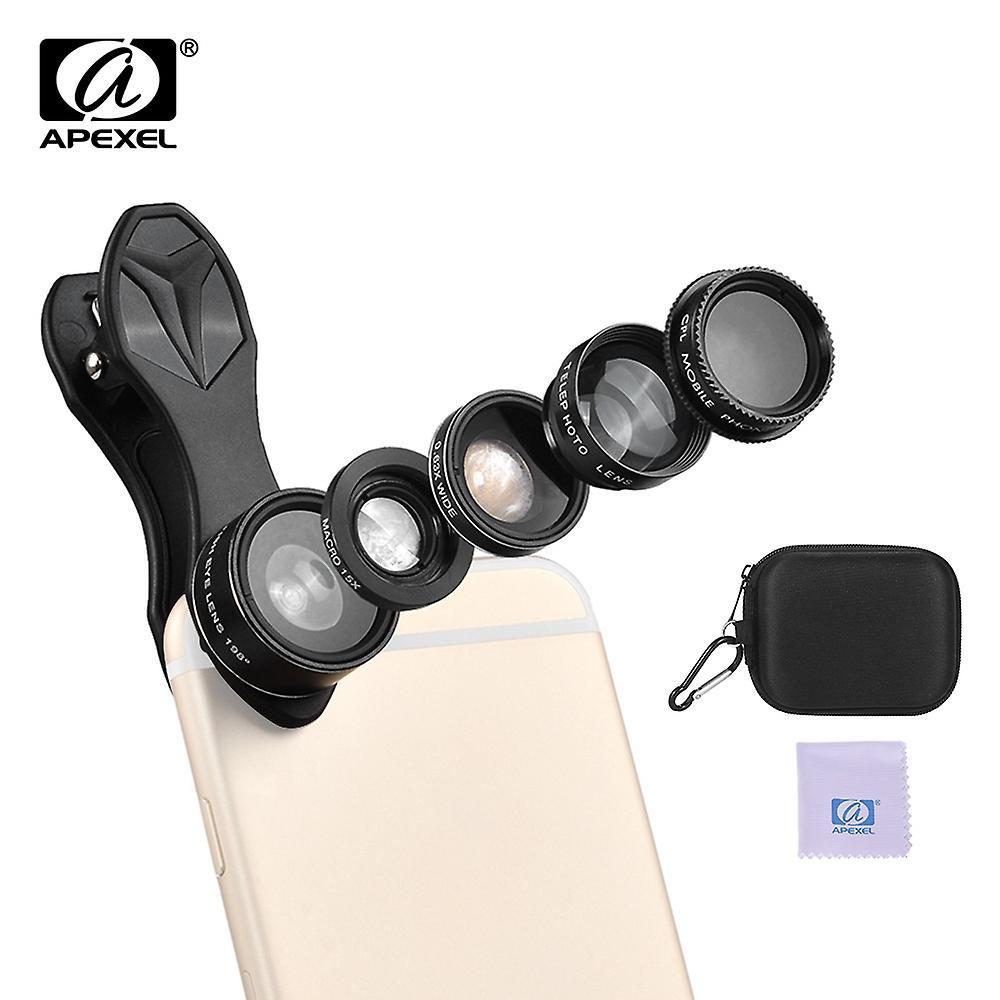 APEXEL APL-DG5H 5 in 1 Cellphone Lens Kit 198° Fisheye Lens 0.63X Wide Angle Lens 15X Macro Lens 2X