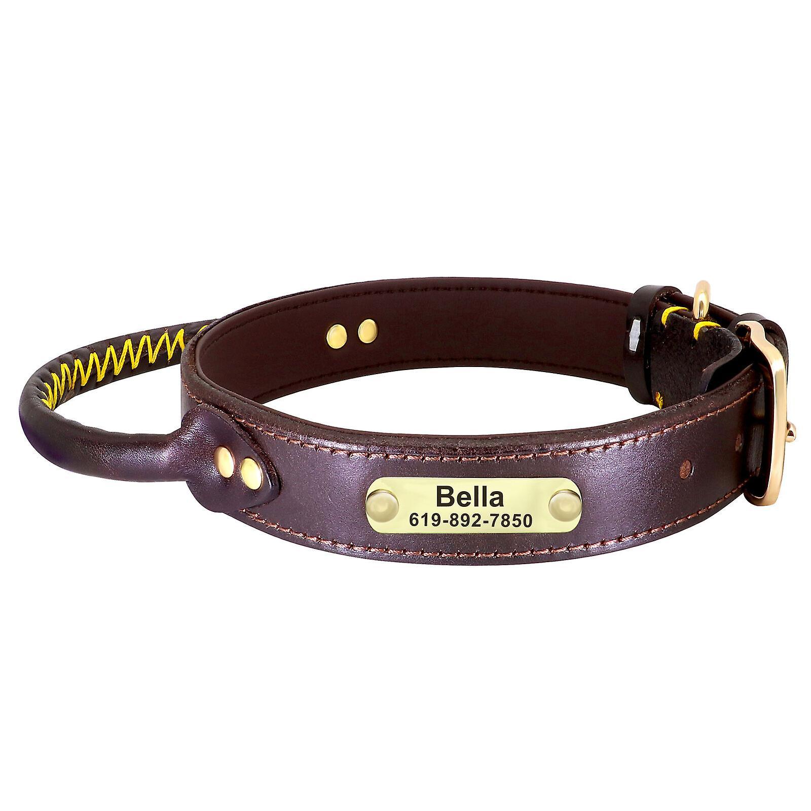 Didog Leather Dog Collar Custom ID Nameplate Large Breeds Training Collar with Handle Brown M:Neck 34-46cm