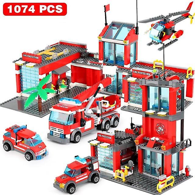 Fire Truck Building Helicopter | Fire Truck Building Block Set - City Building Blocks - 1074pcs