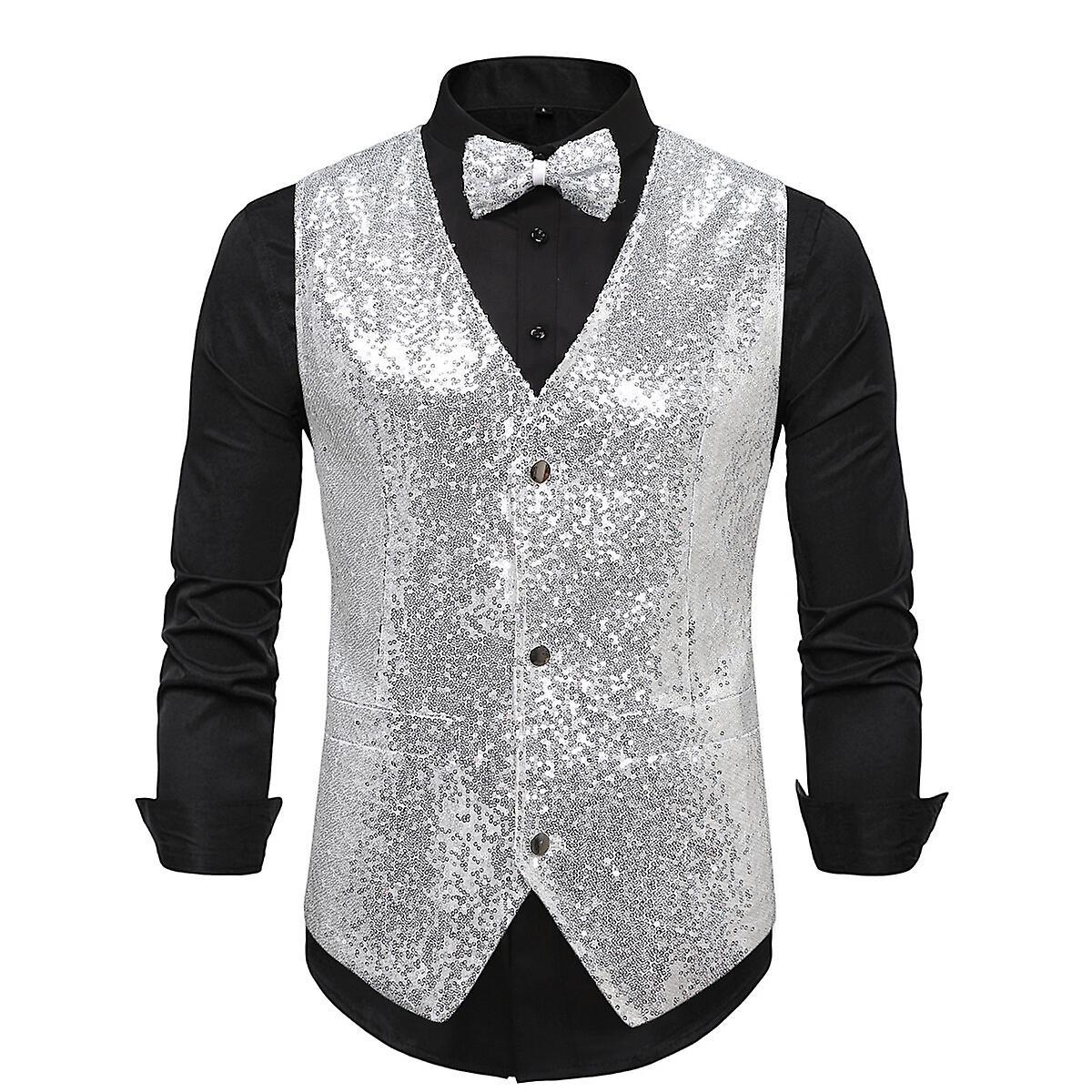 Sliktaa Mens Shiny Sequin Party Wear Wedding Suit Vest Silver M