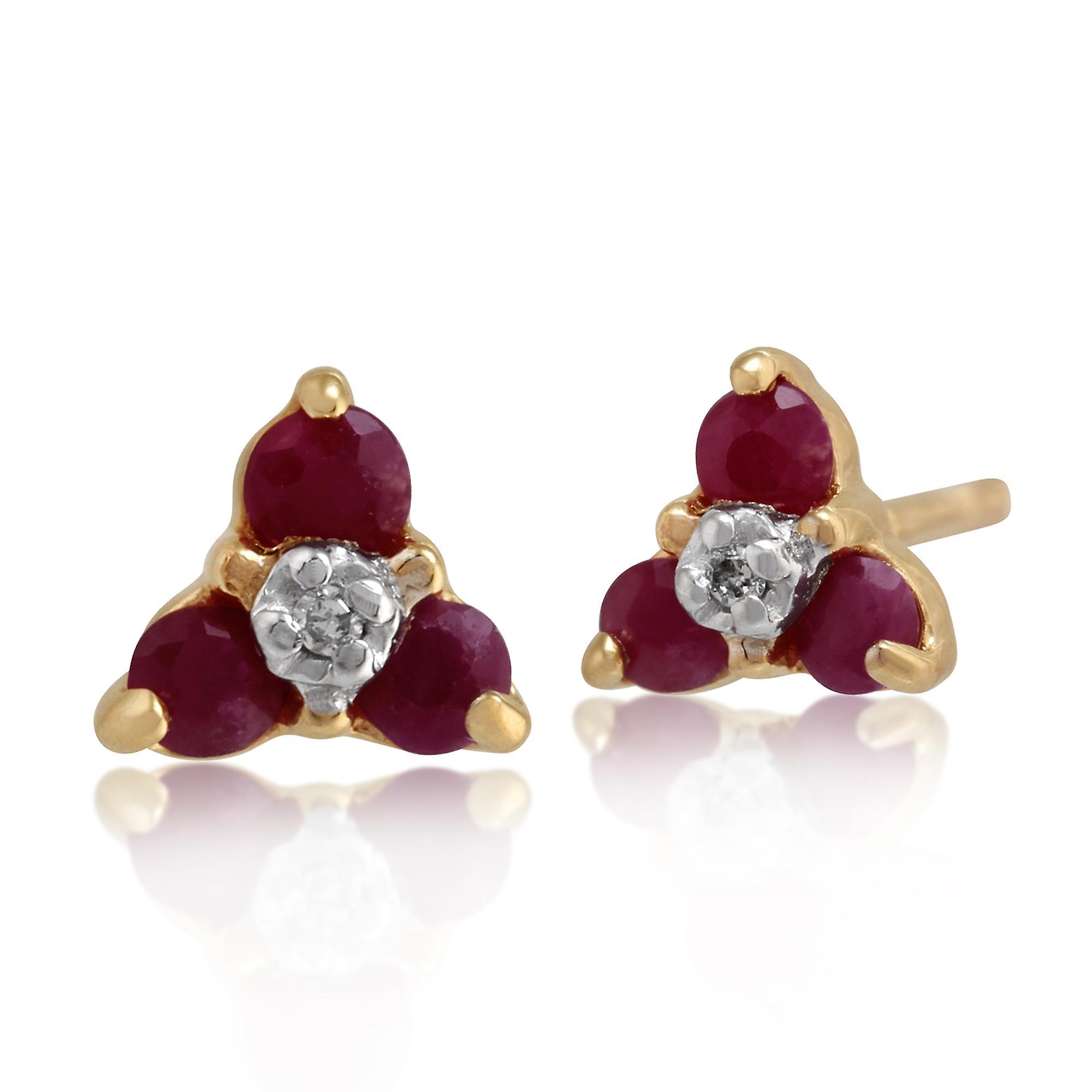 Gemondo Floral Round Ruby & Diamond Cluster Stud Earrings In 9ct Yellow Gold 26929 Red One Size