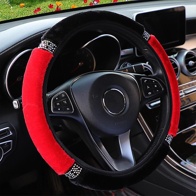 Sztxj Diamond Fluffy Steering Wheel Cover (Red) with Sparkly Crystal Rhinestones, Universal 15 Inch Car Elastic Steering Wheel Protector for Women ...