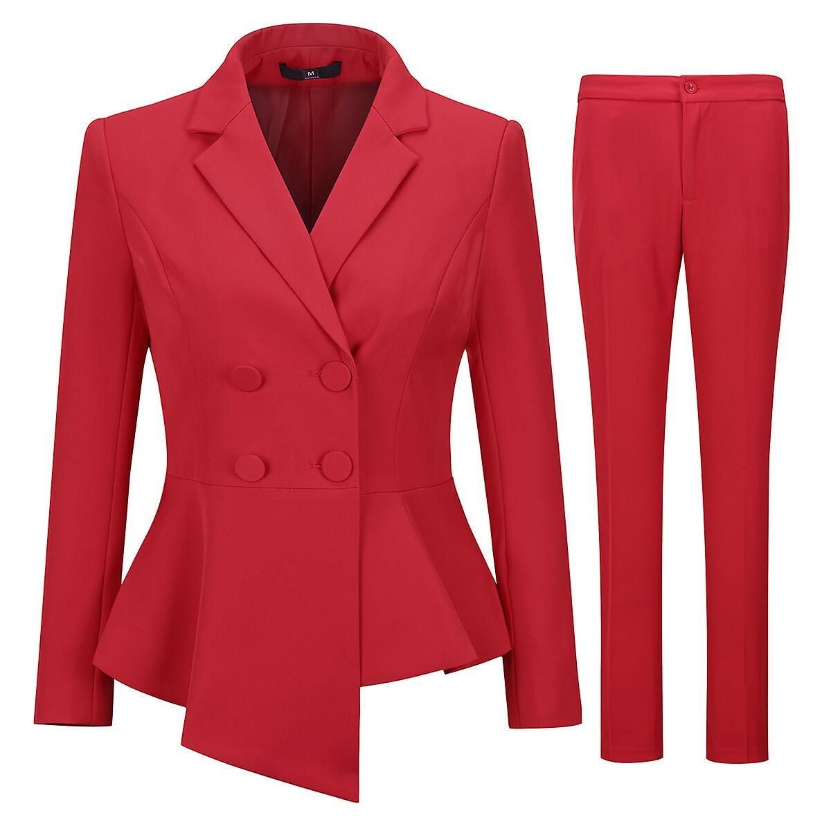 Allthemen Womens 2-Piece Business Professional Office Lady Double Breasted Asymmetric Slim Fit Suit (Blazer + Pants) Red M