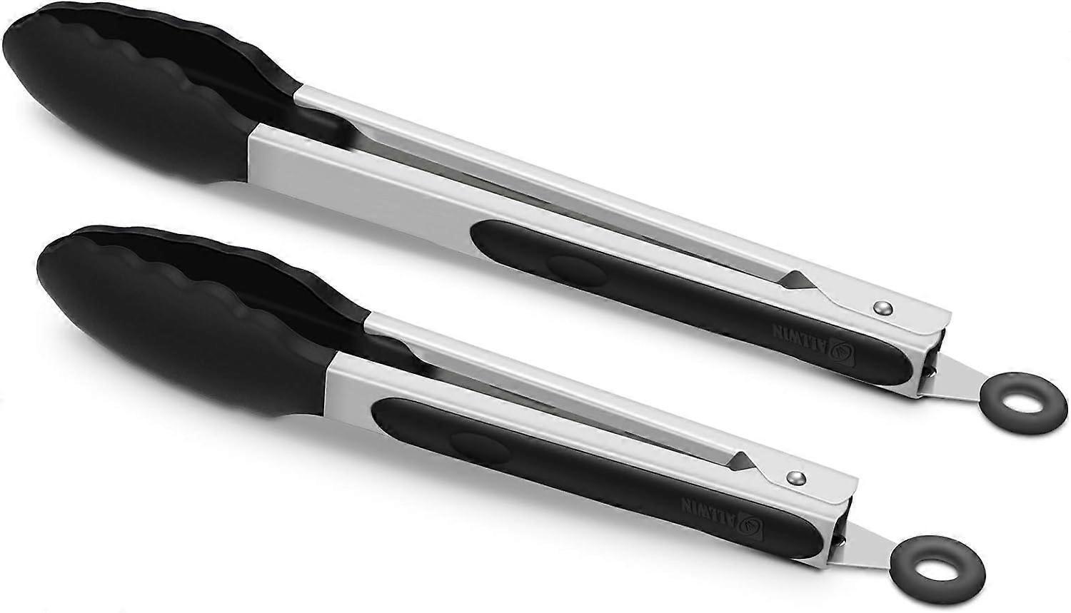 Elrachen 2 Pack Black Kitchen Tongs Premium Silicone BPA Free Non-Stick Stainless Steel BBQ Cooking Grilling Locking Food Tongs 9-Inch & 12-Inch