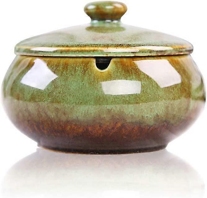 Lertenys Ceramic Ashtray with Lids, Windproof, Cigarette Ashtray for Indoor or Outdoor Use,Desktop Smoking Ash Tray ,green