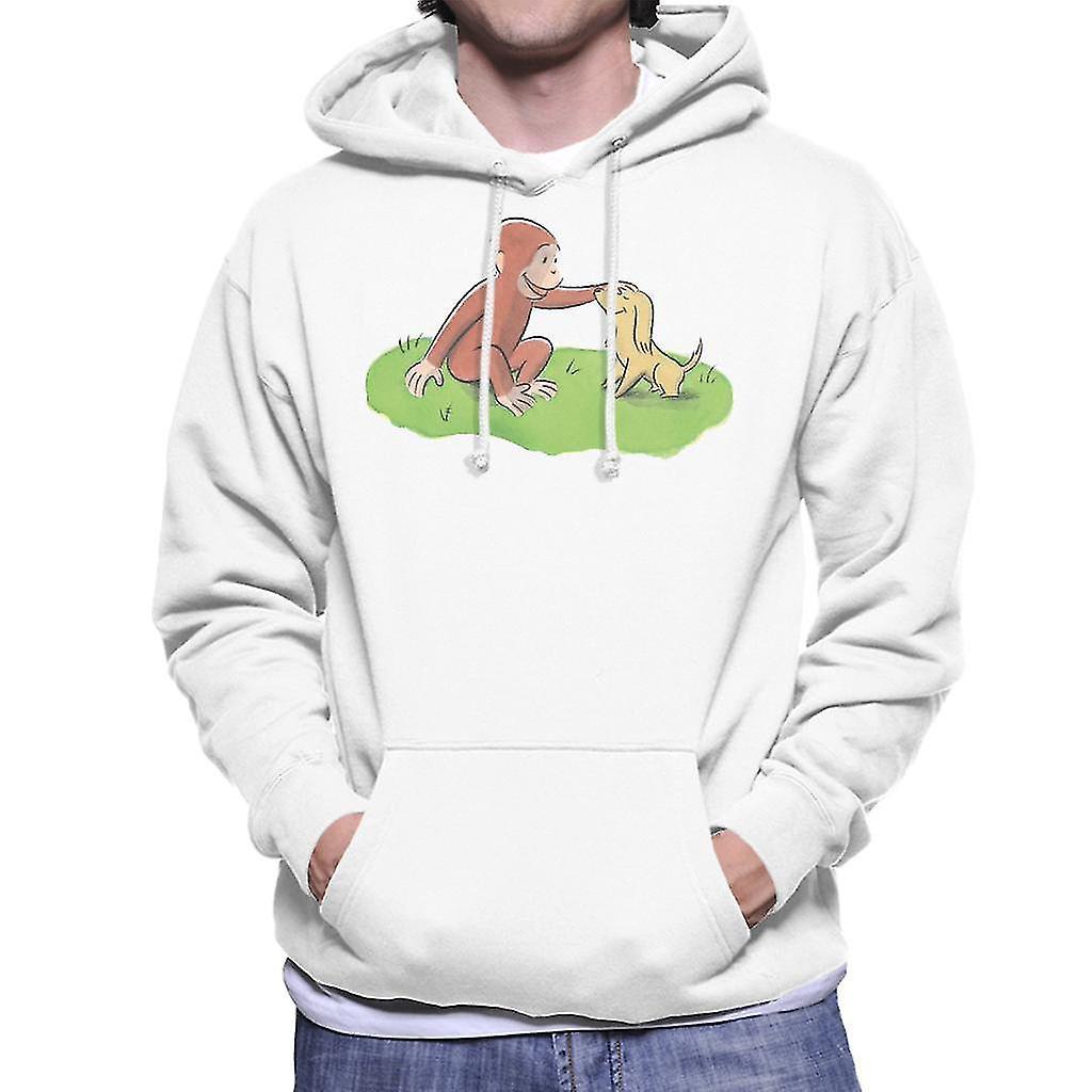 Curious George Stroking Dog Men's Hooded Sweatshirt White Small