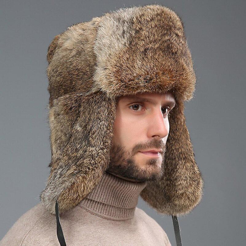 HSEXCEL Thick Warm Bomber Hat Men Real Rabbit Fur Earflap Trapper Outdoor Russian Cap Male Plus Size Winter Hats Ski Russian Hat Khaki 58-60cm