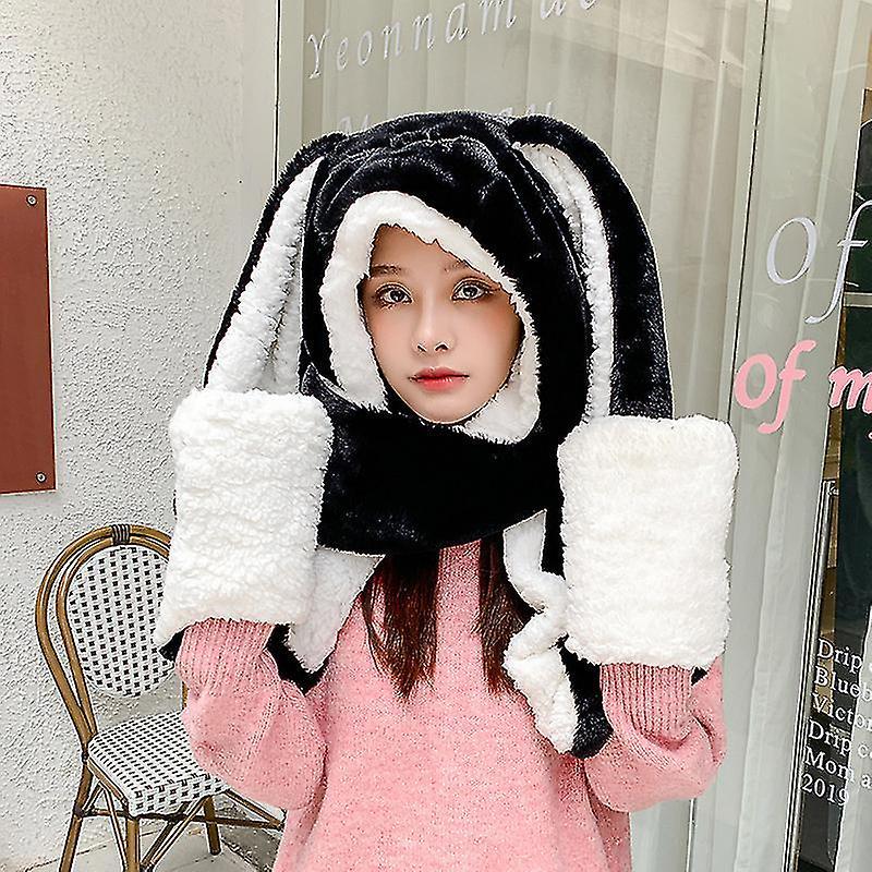 Cille Cartoon Hat Warm Plush Long Ears Bunny 3 In 1 Gloves Scarf Rabbit Hats Winter Caps Black