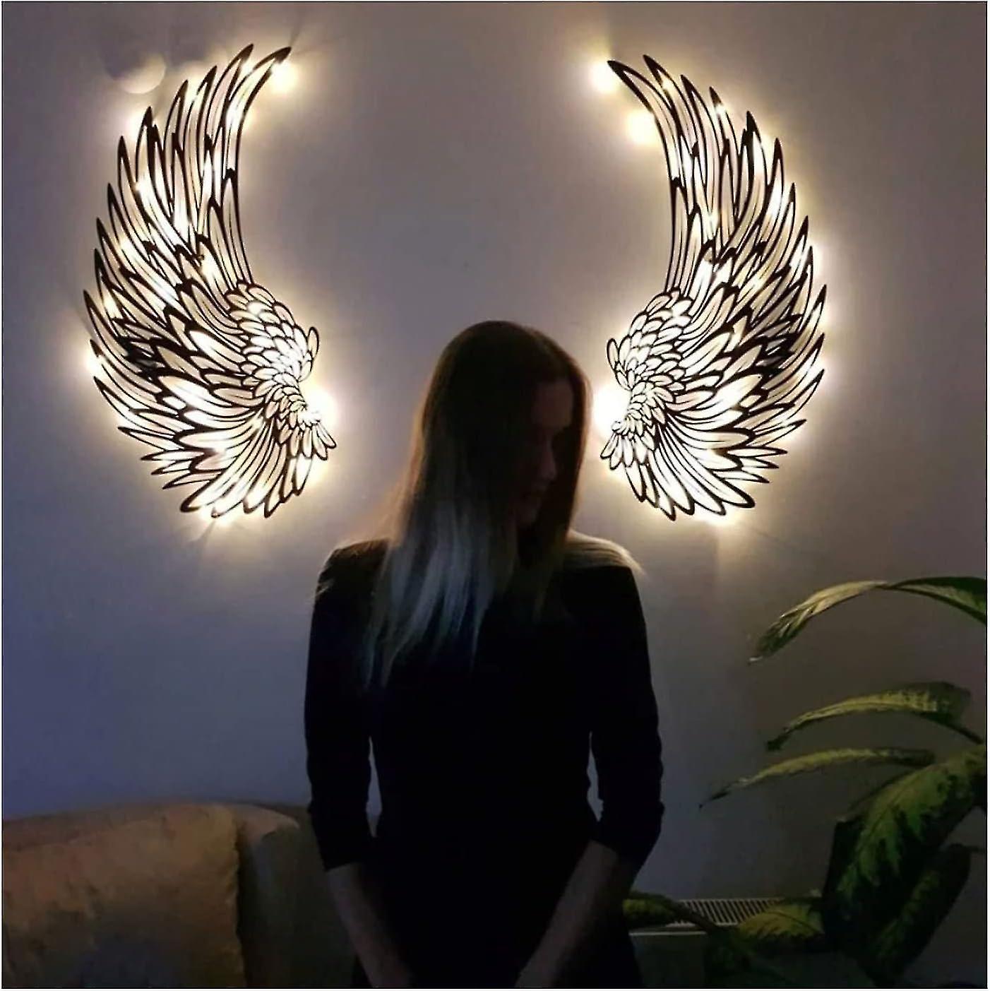 Angel Wings Metal Wall Art With Led Lights, Led Metal Angel Wings Wall Decor, Angel Wings Wall Sculpture Art Wall Hanging Banmo 45cm