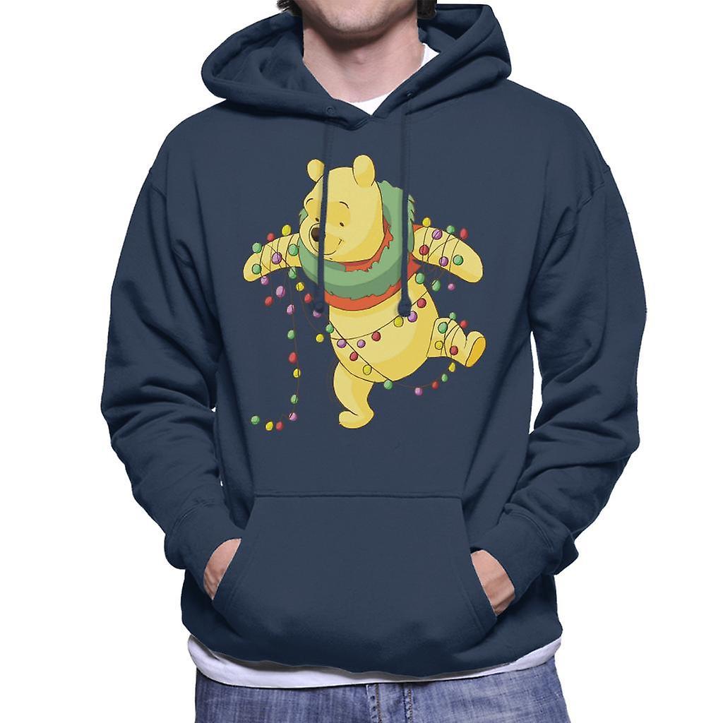 Disney Christmas Winnie The Pooh Tangled In Festive Lights Men's Hooded Sweatshirt Navy Blue Medium