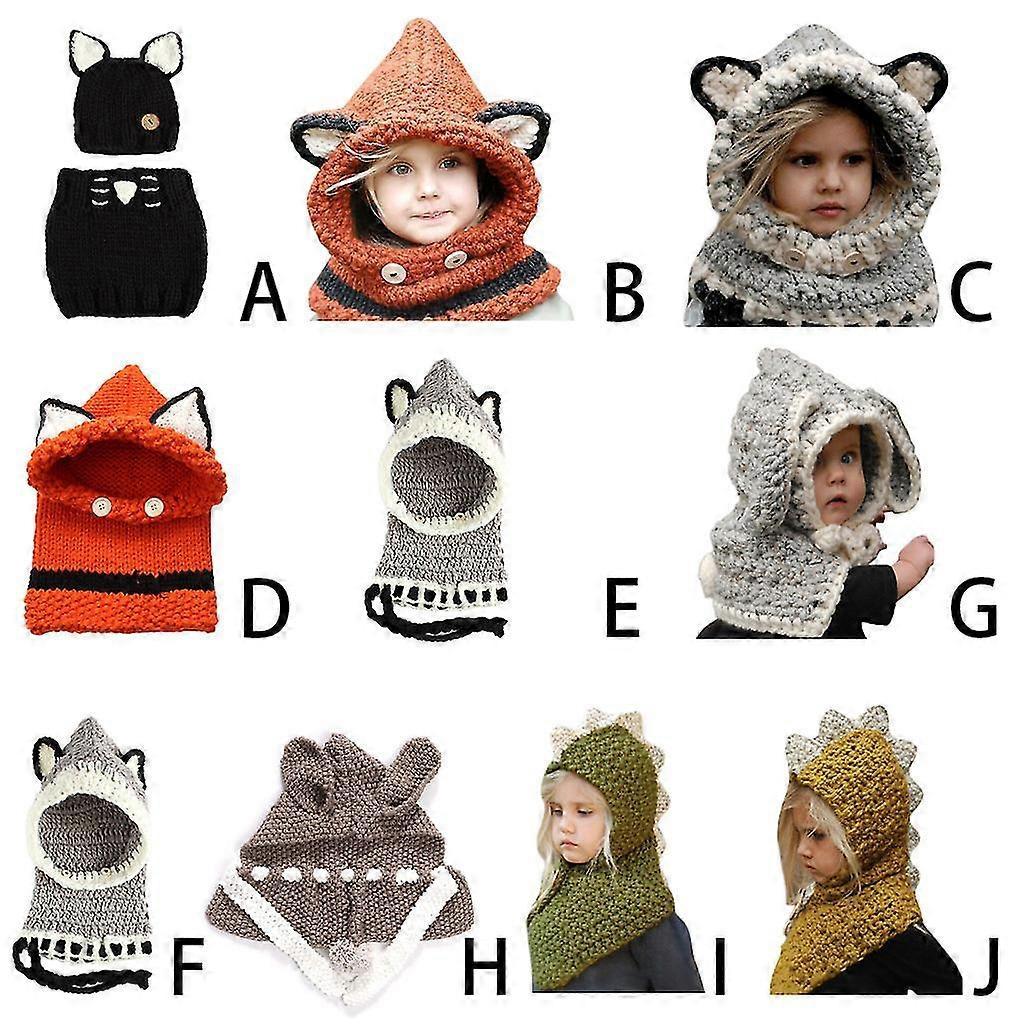 Tikuajgift Kids Winter Crochet Knitted Hat Wrap Cartoon Animal Earflap Hood Scarf Skull Cap gray Extra large