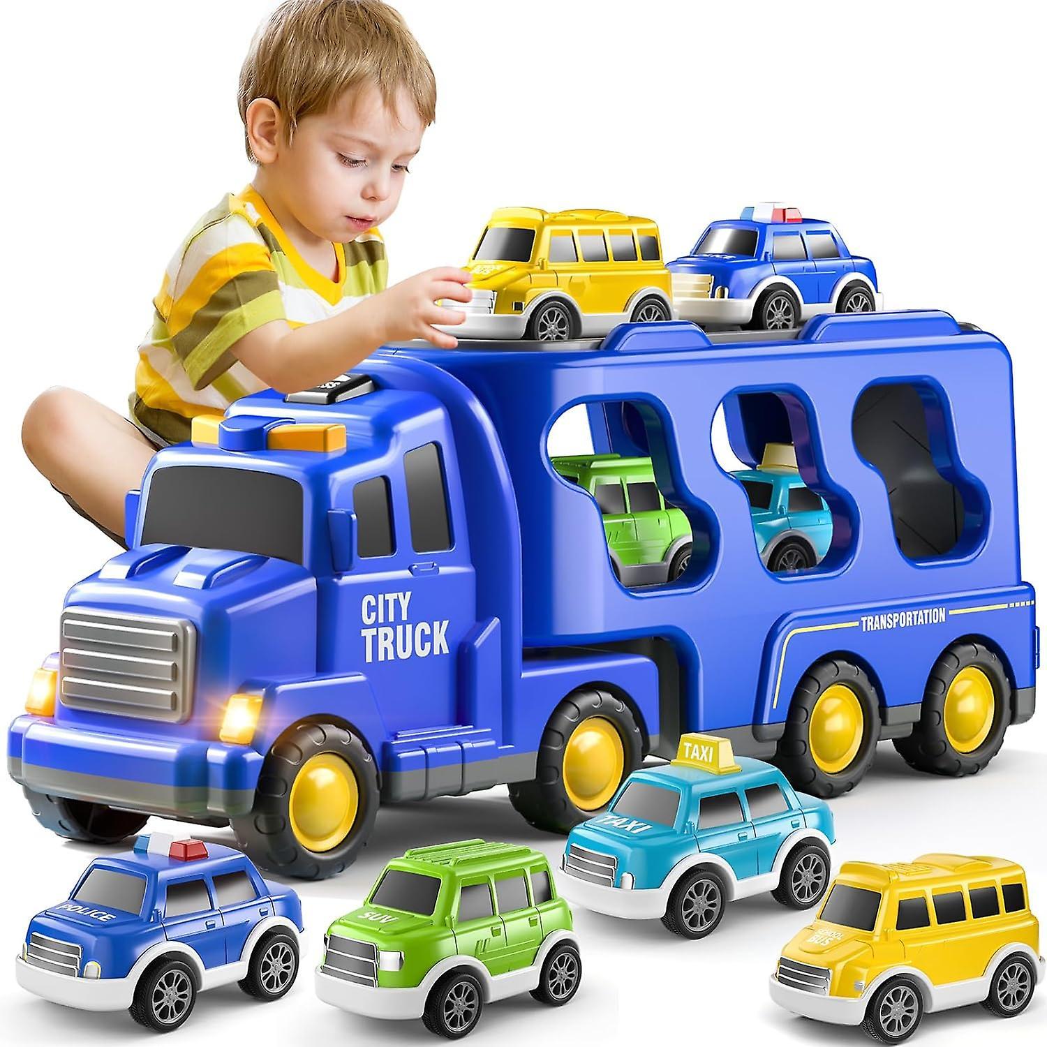 Frusde 5 In 1 Truck Friction Power Toy Car, Fire Truck Toys Construction Truck Toys Police Trucks Toys For Toddlers, Birthday Gifts For Kids Blue