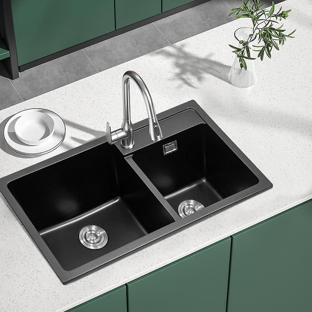 Living And Home Kitchen Sink Undermount Double Bowl Quartz Kitchen Sink Black