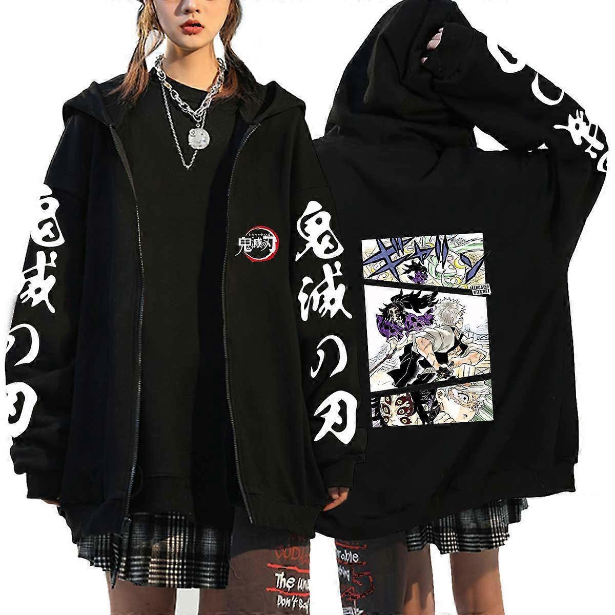 Redkid Demon Slayer Hoodie 90s Anime Zip Up Hoodies Loose Sweatshirts Long Sleeve Winter Warm Women's Y2k Clothes Men Zipper Sweatshirt KS-Black10 XL