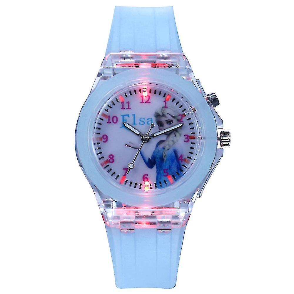 Sanne 2023 Kids Girls Frozen Anna Elsa Cartoon Silicone Watch Luminous Led Flashing Watches Gift Elsa Light Blue